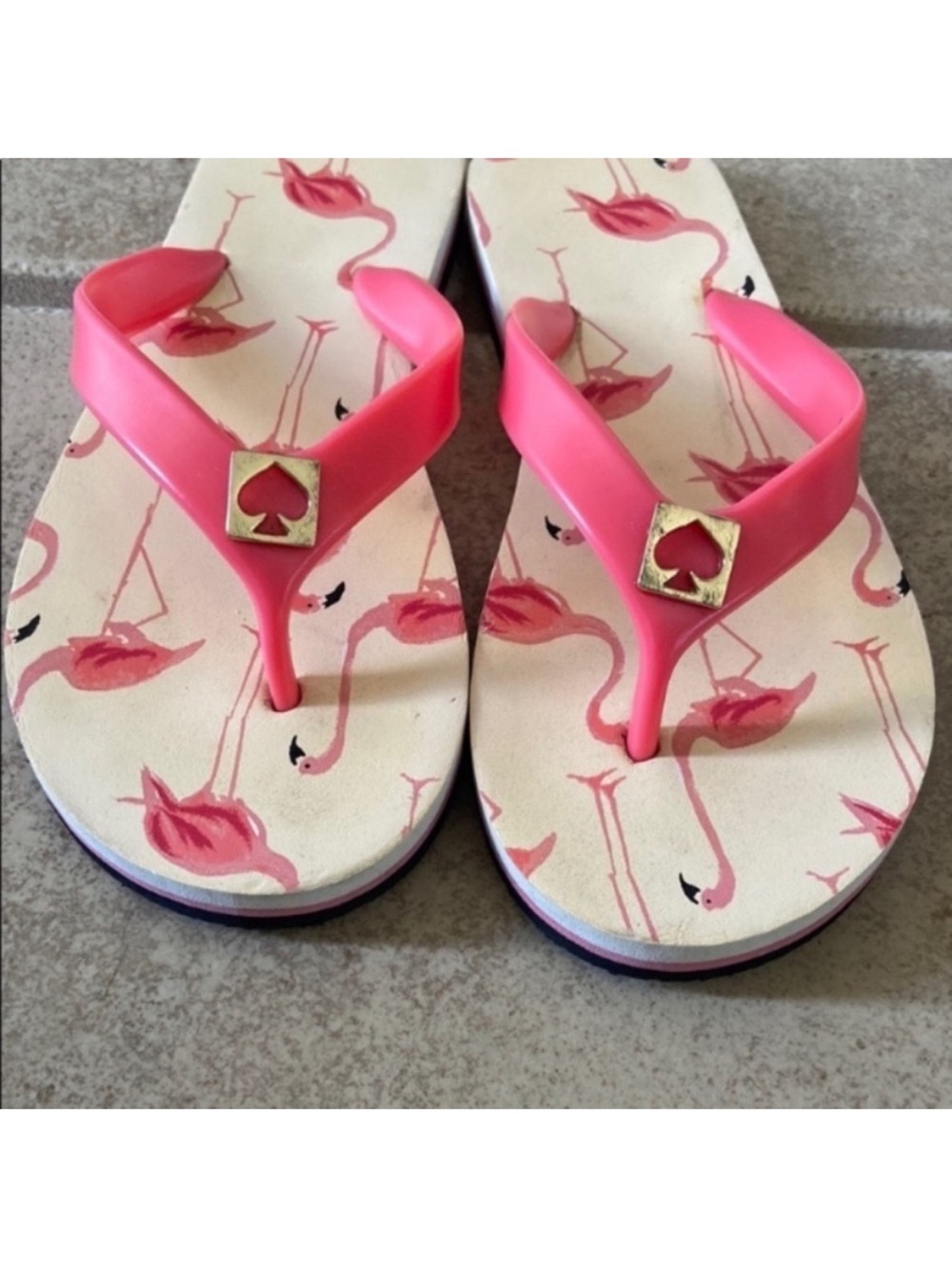 kate spade Pink Flamingo Print Flip Flop Sandals with Gold Spade Detail